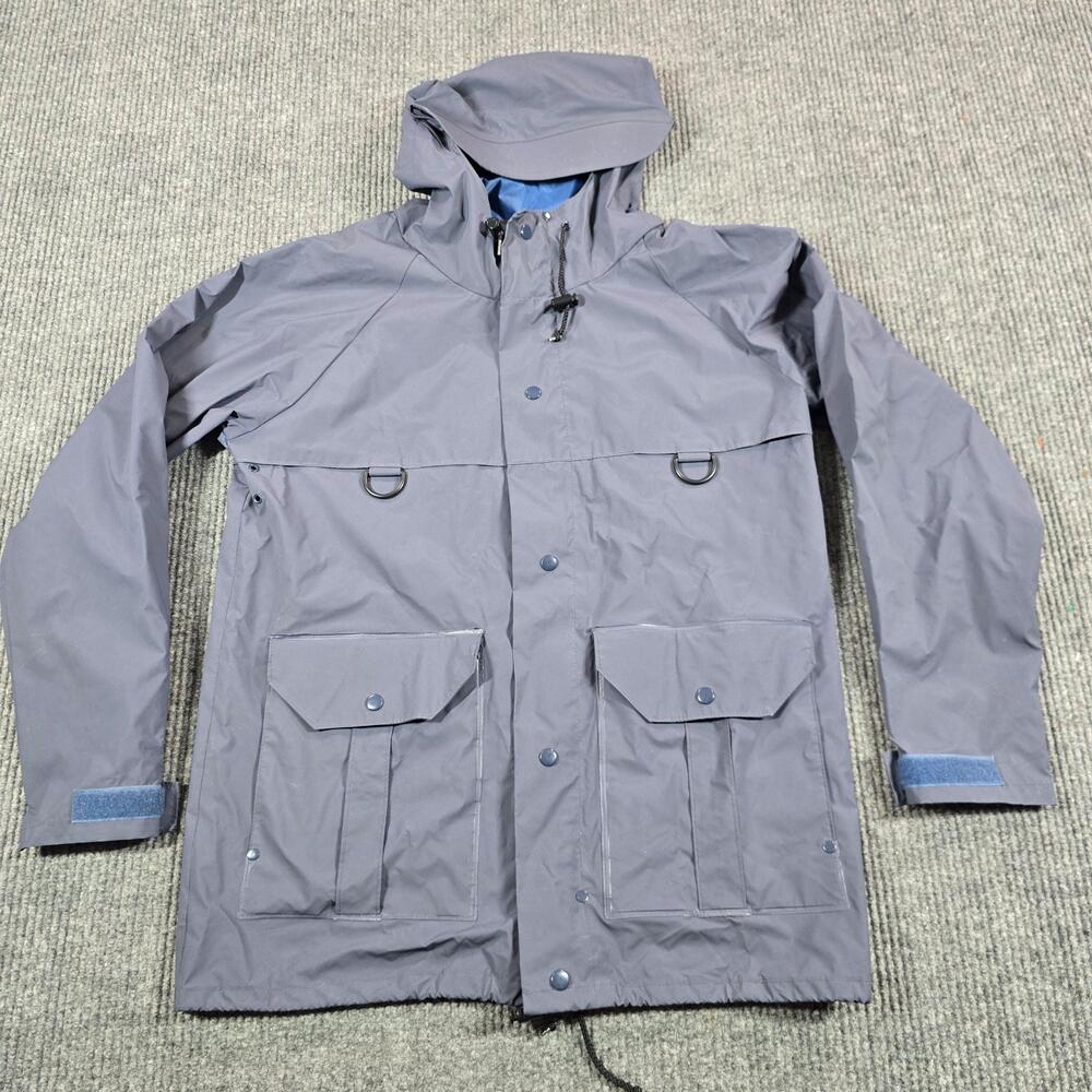 Cabela's Jacket Mens Small Gray Blue PVC Hooded Waterproof Rain Coat Outdoors